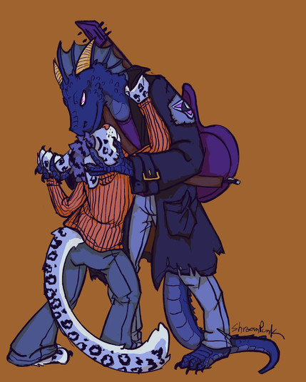 Digital illustration of a gay anthro couple consisting of a short snow leopard man in a turtleneck, clinging onto a much taller black dragonborn wearing a tattered black coat with a purple guitar on his back. The two are half in an embrace, half in a sort of dance.