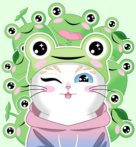 Digital art of little cute kitten with many froggies