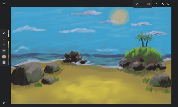 Sketch of a beach. Blue sky! Sun on top, rocks and a boulder with some palm trees on top. Digital art.