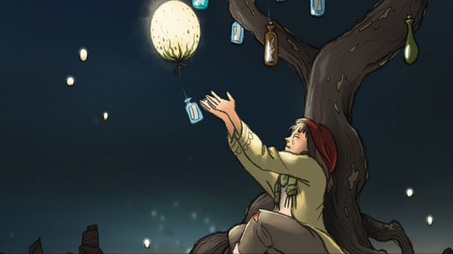 Color comic panel, in the dark of night a teen girl is sitting below a gnarled tree while releasing a floating glowing fruit tied to a message in a bottle as tears stream down her face. Her knee is banged up and a little bloody.