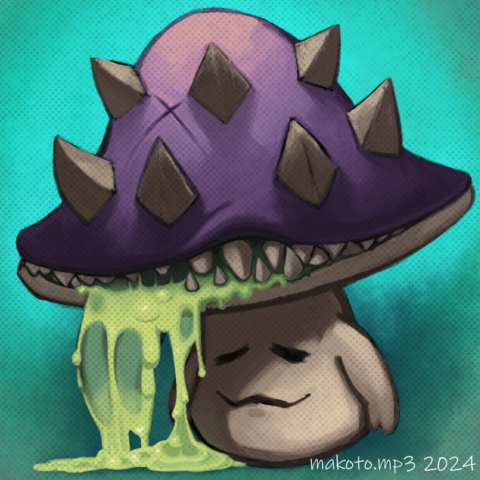 A digital illustration done in a rough, painted style. A cartoon-y mushroom is sitting with a toothy cap and drooling green saliva-acid.
