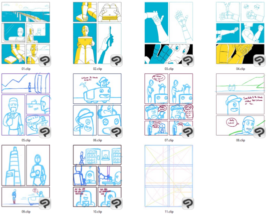 A grid of thumbnails for a comic. The first four are previously completed pages. The next 6 have sketches of a robot character taking a taxi.