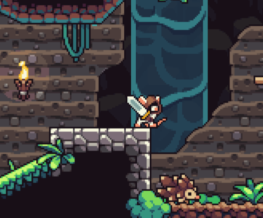 Screenshot of Pipsqueak. A hooded mouse carries a sword, standing on a ledge above a hedgehog.