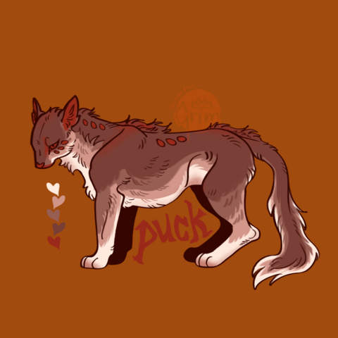 some of the lines used in the last drawing are reused here. this is more of a dog-like design with pointy ears and a long fluffy tail. the creature is a kind of gradient from white in the underbelly to a reddish tone on the back. it also has red spots on the neck, spine, and under its eyes. 