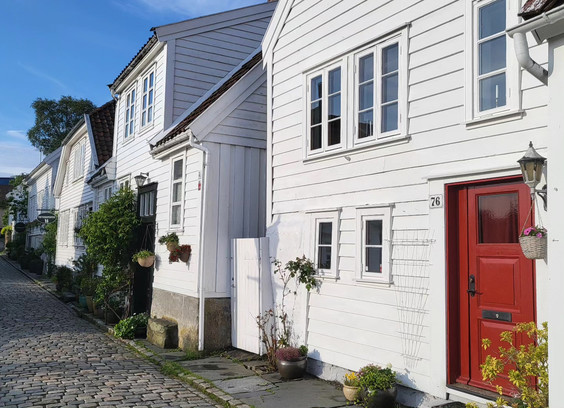 a photo of 19c norwegian houses on a cobblestone street