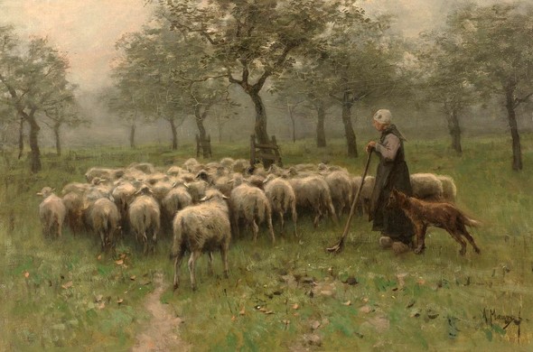 The painting depicts a shepherdess with a flock of sheep in an orchard. The shepherdess is standing on the right with a staff in her hands, and a dog is standing next to her.