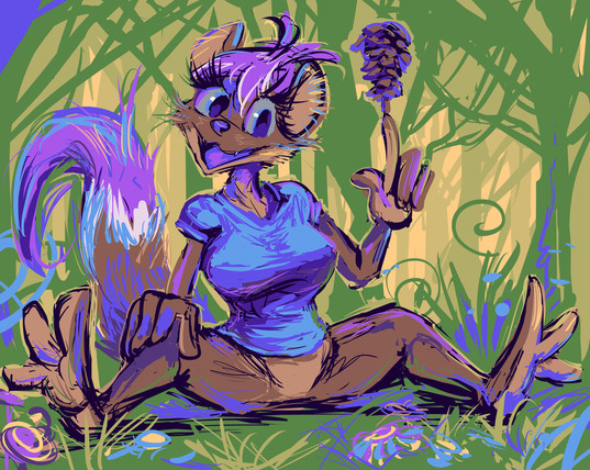 cartoon drawing of an anthropomorphic weasel-like creature wearing only a blue shirt, sitting with legs outstretched, balancing a pine cone on one finger, in forest-implying environment
