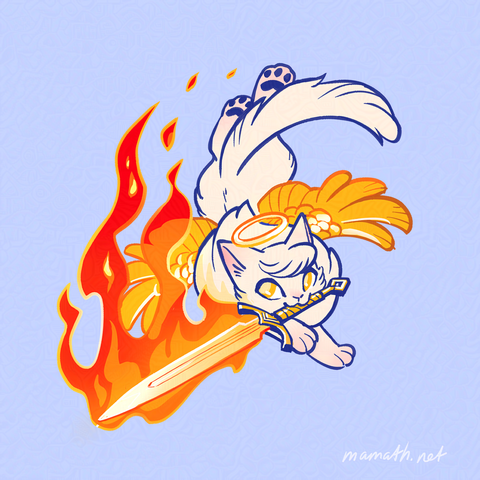 A digital drawing of an angelic cat wielding a flaming sword held in its mouth