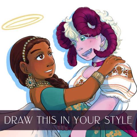 Drawing of a dark-skinned lady with a halo and wings in an Indian gown who lies in the arms of a lady with curly horns and platinum blonde hair who wears a frilly dress with flowers. The text “draw this in your style” is shown below. 