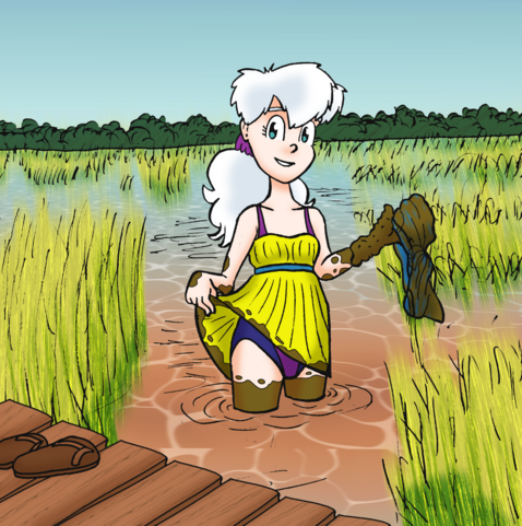 A digitally colored image of Natasha Winter standing thigh deep in a salt marsh. She's holding up a pair of muddy shorts in one mud covered hand and lifting the hem of her sundress with the other to show how the mud on her legs stops where her shorts used to be. She's wearing a swimsuit under her sundress.