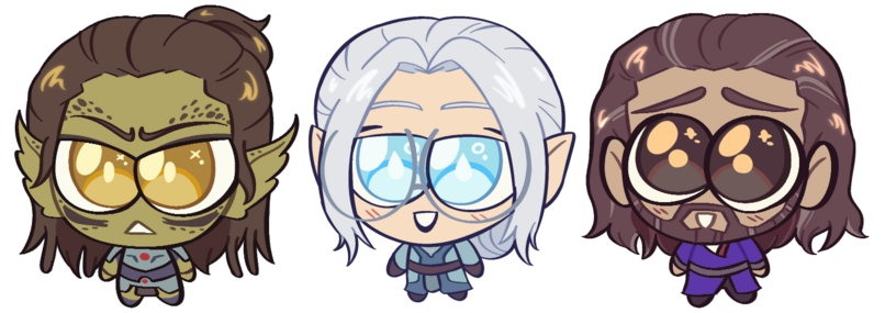 My silly chibi acrylic charm designs of Lae'zel, Neuvaine, and Gale together.