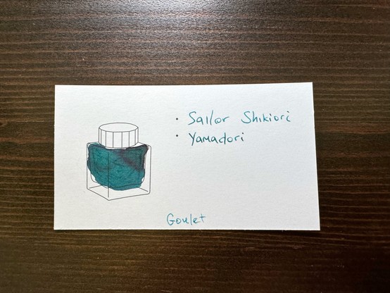 An ink swatch card with a teal ink with a purple sheen. It is labeled “Sailor Shikiori Yamadori”.