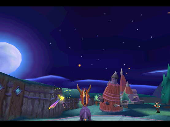 A screenshot of the level fractured hills from Spyro 2. The grass and trees are a soft green under a deep night sky and a huge pale moon.