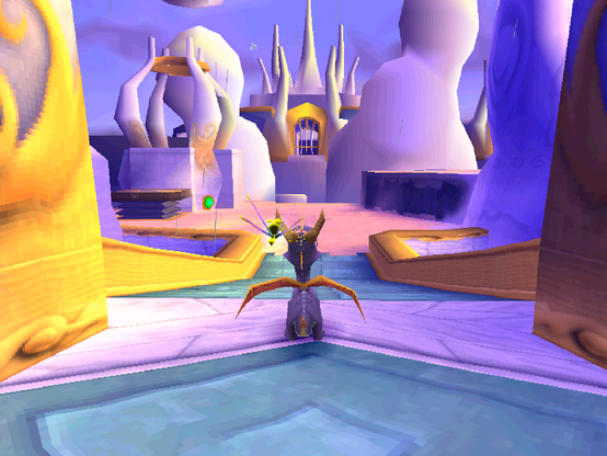 A screenshot of the level cloud spires from Spyro 3. The cloudy structures are pastel pink with striking gold accents under a lavender sky.