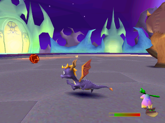 A screenshot of Spike's arena from Spyro 3. The jagged structures in the background are electric green, contrasting with a dark blue sky.