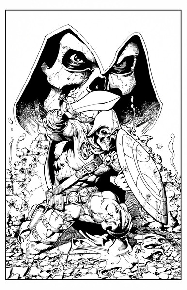 A digital ink drawing of Taskmaster crouched in front of a wall riddled with bullet holes. His shield is on one arm and he points his sword at the viewer with his other arm. A close up of his skull face is in the background.