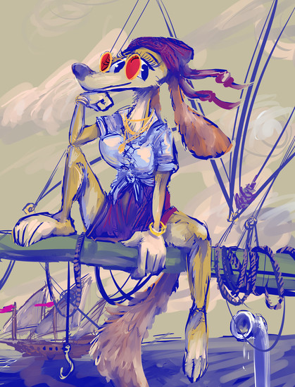 anthropomorphic dog person wearing red glasses and a bandanna sitting on the bowsprit of a totally unsourced ship, though a mildly sourced xebec is visible on the lower left.  a periscope is on the lower right
