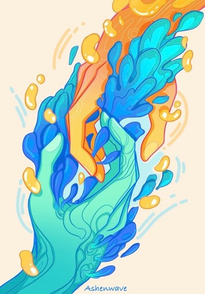 Digital illustration of two hands reaching for each other in a blue and orange color palette. From the hands grow plant-like organic matter.