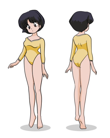 Akane Tendo from Ranma 1/2, in her yellow leotard from the Rhythmic Gymnastics arc (episodes 11-13), inked and colored by me