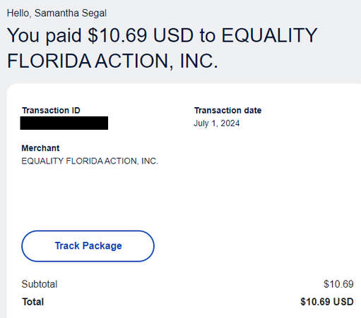 A Paypal receipt for $10.69 paid to Equality Florida.