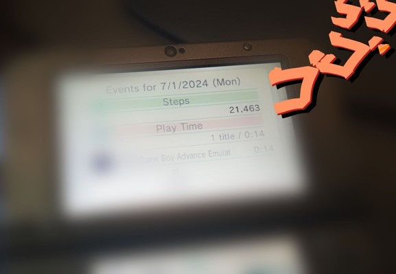 A heavily-blurred photo of the 'Activity Log' app on a New Nintendo 3DS XL. The non-blurred part of the photo contains the text: 