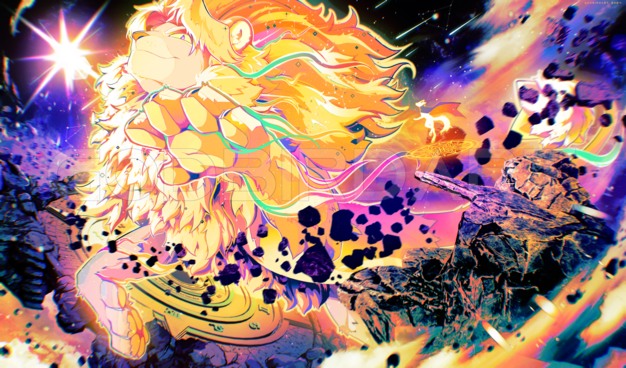 image is a digital illustration of the client's lion character. they are drawn at an immense size, drifting through space with a golden, bright radiance. wisps of teal, purple, and red smoke drift off of their form. a small, undefined character is floating just off center-right above a magic circle. an asteroid belt hurtles through space between the undefined character and the lion. boulders and stone float among a sea of vibrant purple, gold, teal and red stardust. a brilliant star glows just behind the lion next to their face.
