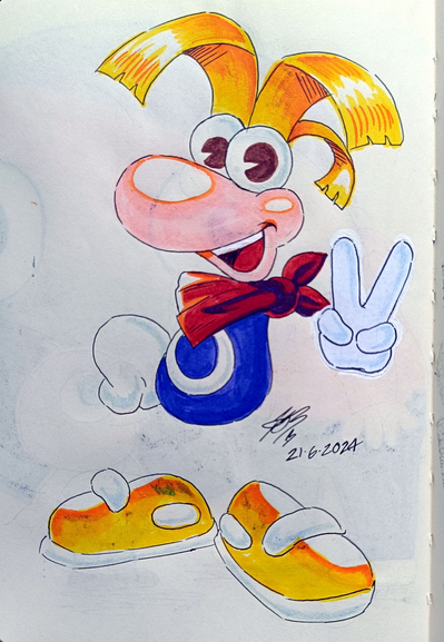 Full colour marker drawing of Rayman's PS1 design where he's smiling and making the peace symbol with his left hand.