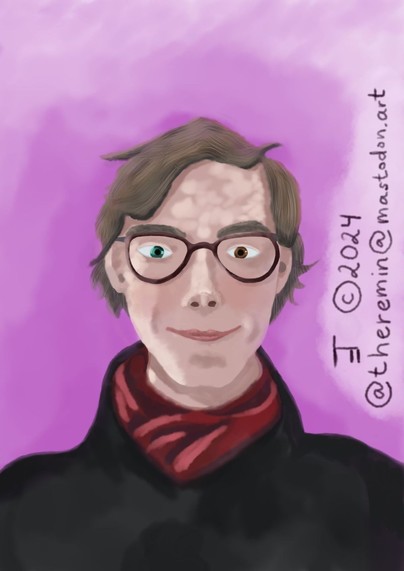 A digital drawing of a brown-haired caucasian man with dark red glasses, looking at the viewer. He is wearing a black jacket and a red scarf, and is in front of a purple background.
