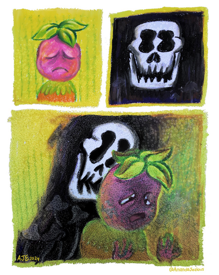 3 panel comic, pastel on paper with digital embellishment. There are two panels in the top row. The first panel shows a fruit person and they don’t look very well. The second panel shows a skull with a black background. In the background there are a few subtle mushrooms. The third, largest, and final panel shows the skull lurking behind the fruit person. The fruit person is looking at their hands in worry. There are lots of little spore like particle floating around bth figures. 