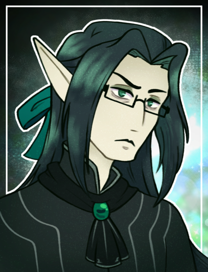 Bust artwork of the OC Nacht, an elf with long hair, glasses, and a ribbon tied at the back of his head. He has a neutral, handsome expression.
