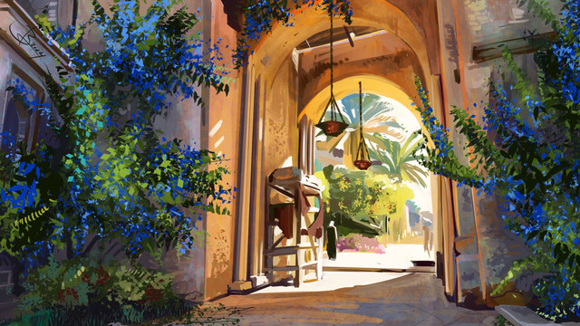 A digital painting of a view through an outdoor archway. Light is streaming in through the background, showing a bright day of yellows and an open area where abstract people are milling about. Inside, where the viewer is standing, both sides of the archway are lined with a large bushes that creep up the stucco yellow walls, with explosive pops of deep blue flowers 