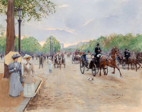 Elegant women with parasols stroll along the bustling Champs Elysees, filled with the hustle and bustle of horse-drawn carriages.