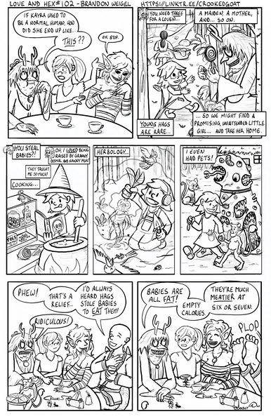 Page 102 from the comic Love and Hex. Full transcript: http://crookedgoat.ca/comic/hex-education-part-4

Nanny Muk and Kayra reflect on Kayra's childhood as a human girl raised by monsters. It seems like a pretty good life.