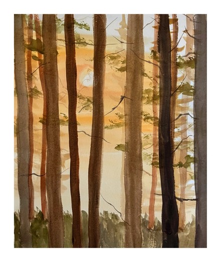 Painting of trees in bright sunshine.