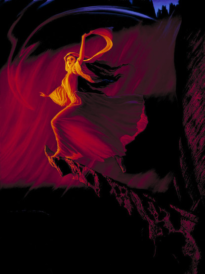 At the end of a long thin ramp of craggy rock, a woman trailing raven black hair casts a glance to the audience as she's poised with weight on her lead foot ready to launch into open air. Much of the painting is dark but a cone of light starting off-panel left highlights her lithe figure. Red background bleeds through thin skirts. The outline of her legs contrasts darkly against rippling folds. An updraft of air captured in the light around her sweeps upward to a hinted outline of mountains. Her arms are flung wide. A long veil wraps the side of her face, frames her chin, and billows out to where she holds the end loosely with the tips of her fingers. Wispy forward-arcing lines—jagged like an abstracted bolt of lightning—descend over her, curving back down to point to her lead knee.
