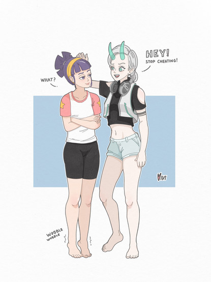 Colored digital illustration of my OCs Vivi and Skye comparing their height. Vivi, who is shorter, smiles cunningly at Skye as she stands on her tip-toes to gain more height. Skye, still taller despite of Vivi’s antics, places one hand on Vivi’s head and tells her via text callout: “Hey! Stop cheating!” to which Vivi feigns ignorance by asking “What?” while her stance wavers (expressed by shaky action lines and small “wobble” texts near her ankles).

Vivi has on her usual baseball t-shirt with pink accented collar and sleeves (with 5-point yellow stars on both sides), short black mid-thigh tights, and a yellow hairband that wrapped behind her ears. Her purple hair is tied back with the ends fanning out. Vivi’s eyes are also purple. She is not wearing shoes or socks in this scene.

Skye, also barefoot in this scene, is wearing her black cropped shirt with high-collar and shoulder cutouts. She wears a small high-tech vest with glowing stripes of teal highlights over the shirt, and a pair of light-colored short denim. When not in use, she carries her favorite headphones around her neck. The pair of horns protruding from her forehead is slightly transparent and has a teal-ish glow about them. Skye’s eye color is the same as her horns. Her long silver hair is loose in the front and braided back to a tighter tail. Two solid striped tattoos wrap around her upper left arm.