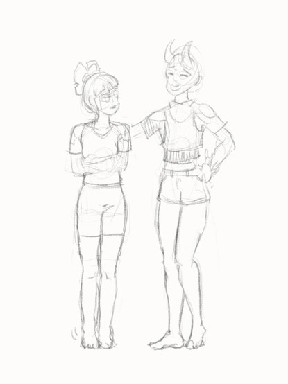 A rough digital sketch of the piece: I initially wanted Vivi to look flustered while Skye tilts her head back to laugh. Skye’s vest was also originally closed in the front but it looked like she was wearing a bag over her shirt. I ended up erasing Skye’s posture entirely to create closer interaction between the two.