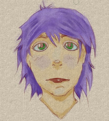 A digital drawing of a light-skined person with green eyes and purple hair, looking at the viewer. The canvas seems to have bumps like paper.