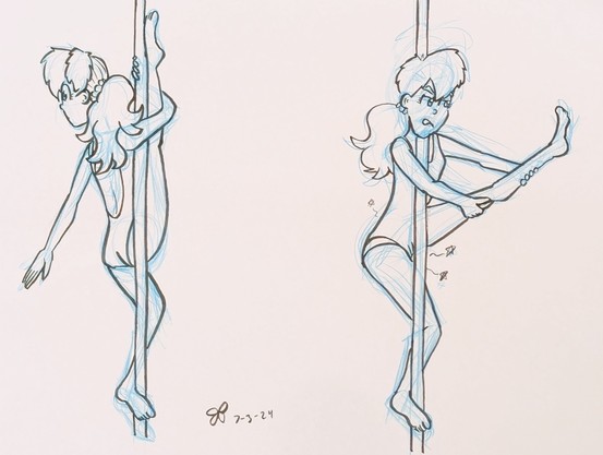A pen and ink illustration of Natasha in a leotard in two different poses. In the first, she is performing a complicated vertical splits pose on a dance pole. In the second, she's against the pole and struggling to lift her leg up with both arms. She is, in fact, not even lifting the correct leg to match the first pose.