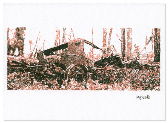 Rusting wreck of an old ford car abandoned in the middle of a woods. The roof has collapsed, the tyres missing from the wire rims and vegetation is growing through the scattered parts.