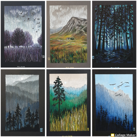 A photo collage of some of my drawings on black paper.  A mountain and forest scene, a park area with trees at dawn, a forest at night, Glencoe, a tree on a hilly landscape, mountains with birds flying overhead. 