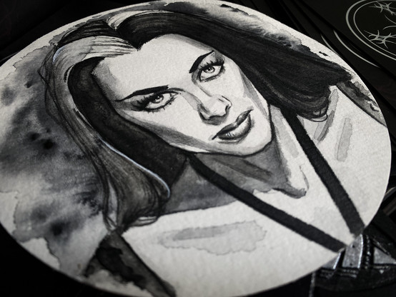  Lily Munster (Yvonne De Carlo) watercolor black and white sketch portrait