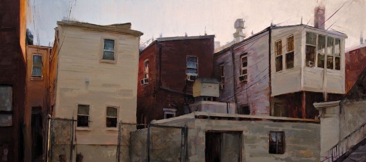 Oil painting view of an alleyway, looking at the back of three adjoining row-houses.