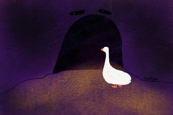 Goose stands before a dark opening in a purple landscape.  The cave looks like an open mouth waiting to swallow her. 