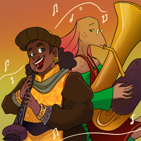 Diana and Phoebe from the webcomic Court of Roses.  Diana holds an oboe with a potato on it with a joyful expression. Phoebe plays a tuba with a potato on it.  Music notes surround them.