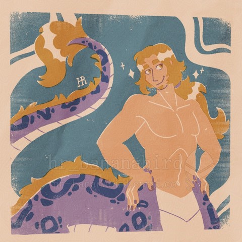 Digital art mimicking a vintage poster style. Drawn is a dragon centaur man. He has long blond hair tied in to a loose ponytail and a long wingless purple dragon body from the hip down. The dragon has deep purple spots and a blond mane grown along the back and down to the tail, where there's a tuft of blond fur on the tip. The man has his hands on his hips and is smiling towards the viewer.