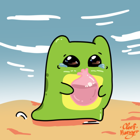Froggelio holding a pink water balloon running and droping a tear because is fun but at the same time they hurt.