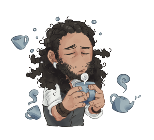 Illustration in chibi-style: a very exhausted looking guy with tousled hair, holding a cup of hot tea.
