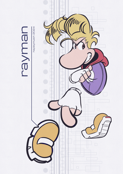Digital illustration of Rayman in his modern design, muted colours, line art reminiscent of Sonic Adventure style art, and he's posing in a cool dance-like style. Light techno background.