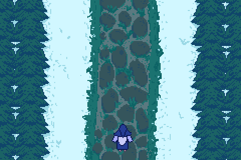 A pixel art drawing of a little witch character on a stone path, in a snowy environment, framed by rows of pine trees.